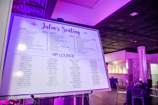 Printed and Custom Seating Card Display with Glitter Border for Bat Mitzvah
