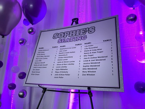 Custom Printed Seating Chart Display with Glitter Border near Bubble Balloon Stand for Bat Mitzvah