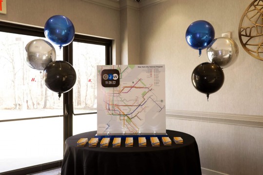 Subway Themed Seating Card Display with Metro Card Place Cards and Metallic Orbz for NYC Themed Bar Mitzvah
