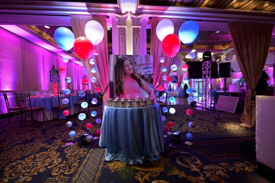 Bat Mitzvah Seating Card Display with Blowup Photo & LED Bubble Balloons