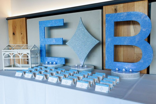 Glittered Initials Seating Card Display with Custom Logo Place Cards