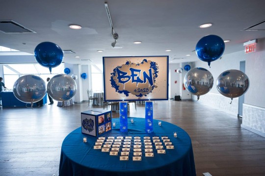 Bar Mitzvah Entrance Decor with Logo Display on LED vases, Custom Place Cards & Gift Box