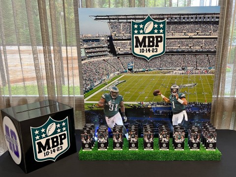 Eagles Stadium Display with Custom Sports Ticket Place Cards for Football Themed Bar Mitzvah