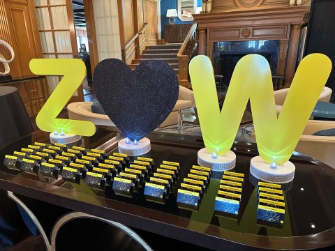 Cutout Initials Seating Card Display with Glittered Heart and Logo Place Cards
