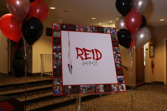 Custom Logo Sign in Board with Pictures as Border and Balloon Trees for Bar Mitzvah