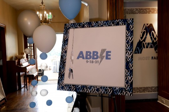 Glitter Logo Sign in Board with Heart, Silver Glitter Border and Bubble Balloon Stands for Bat Mitzvah