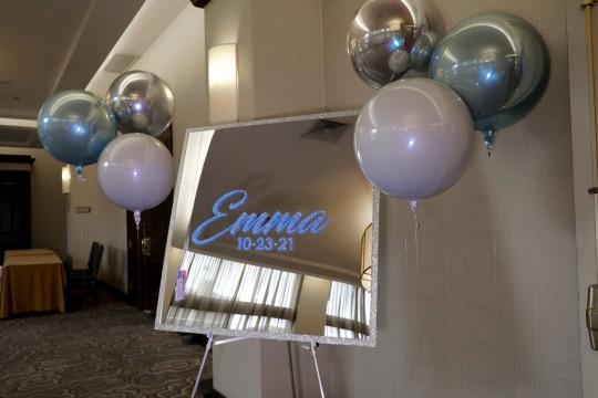 Name and Gate Glittered Mirror Sign in Board with Silver Border and Metallic Balloon Orbz for Bat Mitzvah