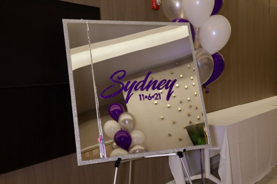 Custom Glitter Name and Date with Silver Glitter Border Sign in Mirror and Balloon Tree for Bat Mitzvah Decor