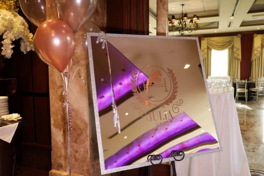 Horse Themed Mirror Sign in Board with Custom Rose Gold Vinyl Logo & Silver Glitter Border