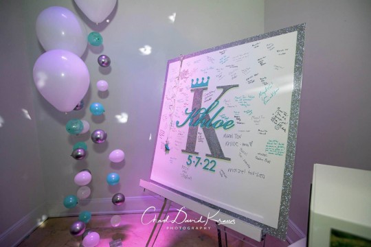 Custom Glittered Logo Sign in Board with Bubble Balloon Accents