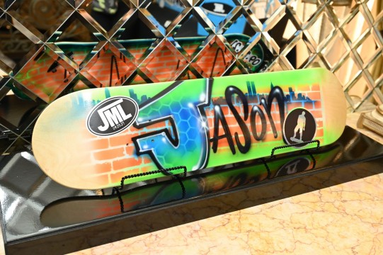 Custom Skateboard Cut Out Sign in Board with Graffiti Style Art and Logo for Bar Mitzvah Decor