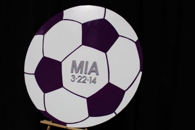 Soccer Ball Shaped Sign in Board with Sparkled Name & Date
