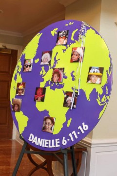 Globe Shaped Sign in Board with Photos for Travel Themed Bat Mitzvah