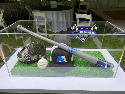 Custom Baseball Theme Sign in Shadow Box with Turf Base, Cap, Ball, Glove and Bat for Bar Mitzvah