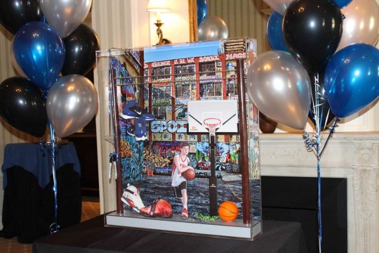 Basketball & Sneakers Themed Bar Mitzvah Shadow Box with Graffiti Background & Hanging Sneakers