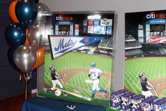 Baseball Themed Bar Mitzvah Sign in Board with Stadium Background, Cutout Photos & Sports Equipment