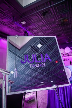 Custom Mirror Sign in Board with Purple and Lavender Name and Date and Silver Glitter Border for Bat Mitzvah