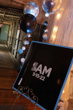 Bar Mitzvah Name Sign in Board with Metallic Bubble Balloon Accents