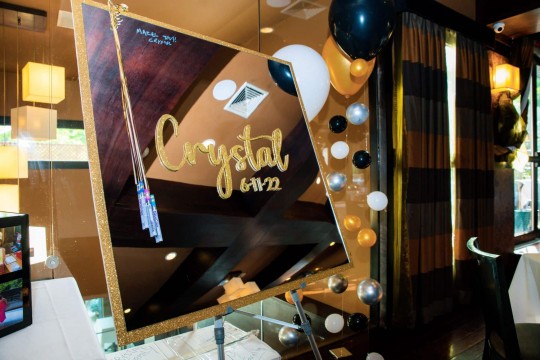 Gold Glitter Mirror Sign in Board for Bat Mitzvah with Bubble Balloon Accents