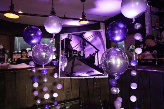 Mirror Sign in Board with Vinyl Name & Date and Metallic Orbz Bubble Balloons at Hudson Social