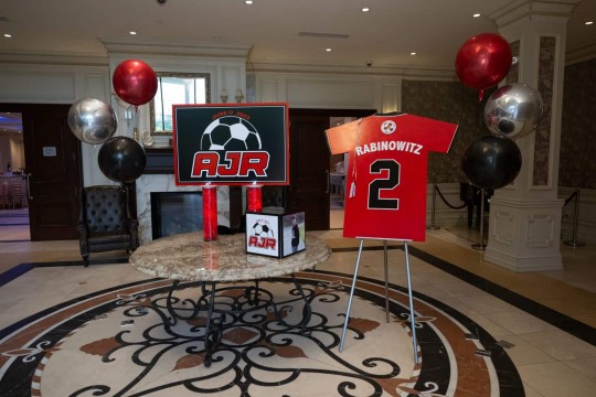 Custom Jersey Sign In Board & Metallic Orbs Accents for Sport Themed Bar Mitzvah at The Terrace, Paramus