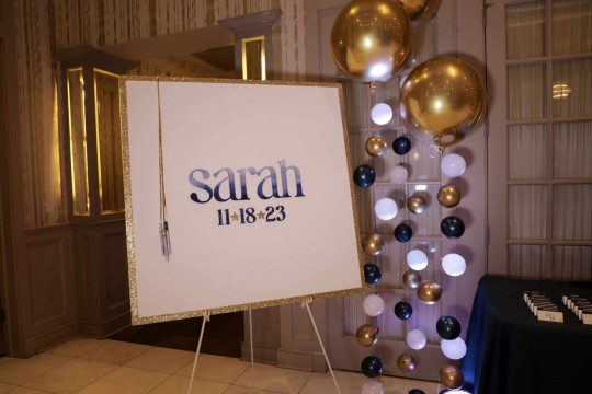Custom Bat Mitzvah Sign in Board with Watercolor Name & Gold Glitter Border