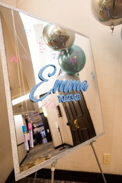 Custom Mirror Sing in Board with Glitter Pale Blue Name and Date, Glitter Silver Border and Metallic Balloon Orbz for Bat Mitzvah