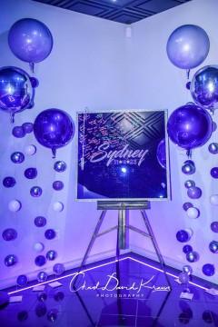 Custom Mirror Sign in Board with Glitter Name & Date & LED Bubble Balloons at Club Infinity