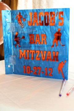 Blue Marble Lucite Sign in Book with Orange Mirror Lettering & Sports Silhouettes