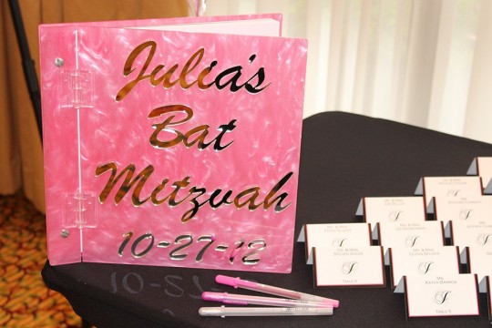Pink Marble Lucite Sign in Book with Mirror Lettering