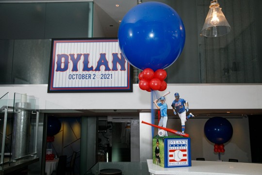 Custom Photo Cube Centerpiece with Baseball Bat & Ball, Cut Outs and 3' Balloon for Bar Mitzvah
