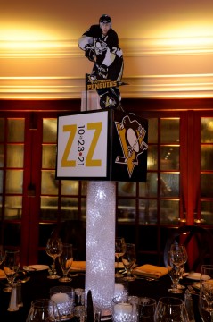 Penguins Themed Logo Cube with Cut Outs Centerpiece on LED Aqua Gems Cylinder for Bar Mitzvah
