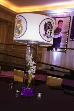 Soccer Themed Lampshade Centerpiece with Team Logos & LED Cylinders and Orchids