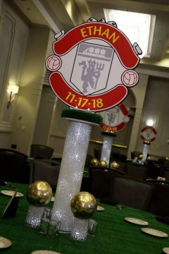 Soccer Themed LED Centerpiece with Logo Toppers & Gold Soccer Balls on Turf Tables