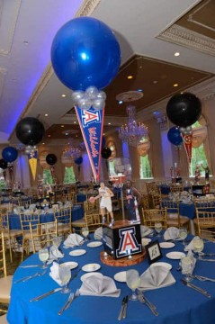 Basketball Themed Photo Cube Centerpiece with Alternating Balloons & Team Pennants