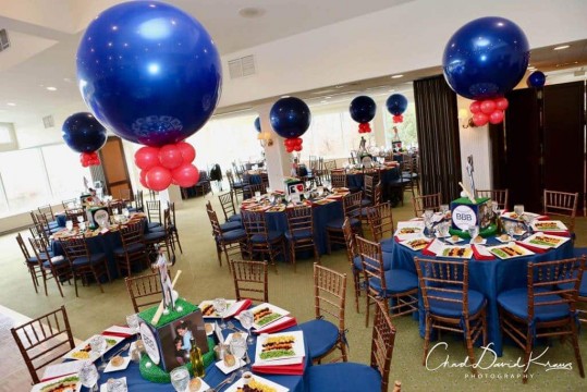 Baseball Themed Cube Centerpieces with Player Toppers & Navy & Red Balloons at Rockrimmon Country Club