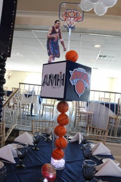 Knicks Themed Bar Mitzvah Centerpiece with Player Cutout & Cylinder with Basketballs