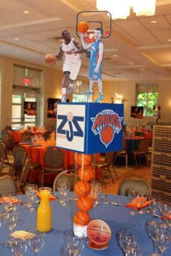 Knicks Themed Bar Mitzvah Centerpiece with Logos, Cutout Players & Basketballs