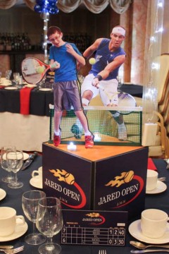 Tennis Themed Photo Cube Centerpiece with Logos, Cutout Players & Custom Table Signs