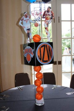 Sports Themed Centerpiece with Team Logo, Photos of Players and Vases with Sports Balls