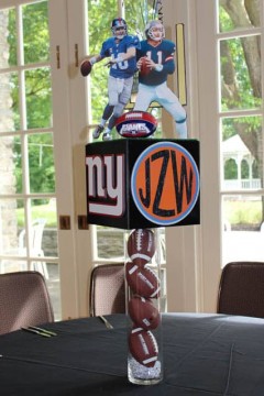 Sports Themed Photo Cube Centerpiece on Sports Ball Cylinders with Cutout Players