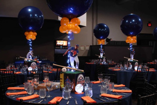 Mets Themed Bar Mitzvah with Themed Centerpieces & Navy & Orange Balloons
