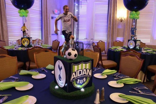 Soccer Themed Photo Cube Centerpieces with Logos & Cutout Players