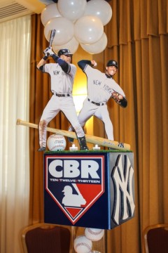 NY Yankees Themed Photo Cube Centerpiece with Cutout Player Toppers