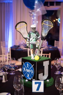 Lacrosse Themed Centerpiece with Custom Logo & Initial Cutout for Sports Themed Bar Mitzvah