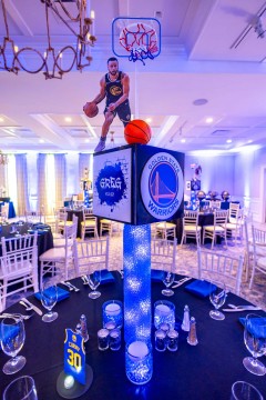 Custom Sports Centerpieces with Cutout Players & Team Logos on LED Cylinders for ESPN Themed Bar Mitzvah
