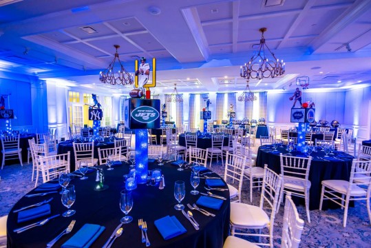 Custom Sports Centerpieces with Cutout Players & Team Logos on LED Cylinders for ESPN Themed Bar Mitzvah at Preakness Hills Country Club