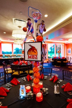 Custom Cube Centerpieces with Player Toppers  on Cylinders with Mini Basketballs for Basketball Themed Bar Mitzvah