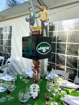 Custom Nets Themed Logo Cube Centerpiece with Cut Outs on Football Filled Cylinder