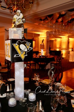 Hockey Themed Logo Cube with Cut Outs Centerpiece on LED Aqua Gems Cylinder for Sports Themed Bar Mitzvah